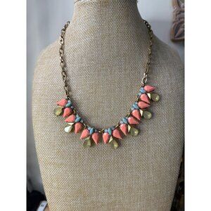 J.Crew Statement Necklace With Coral Yellow & Aqua Gemstones On Gold-Tone Chain
